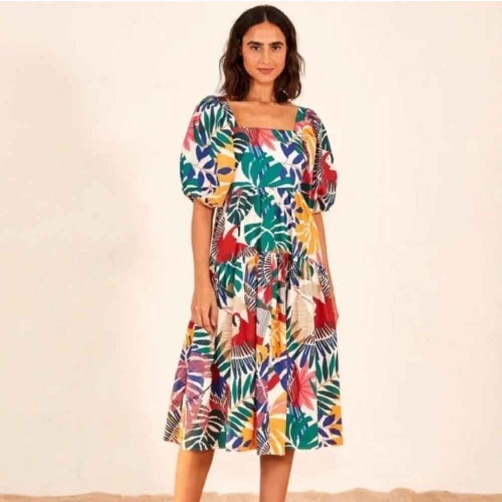 Farm Rio Off white Macaw floral green midi dress size XS